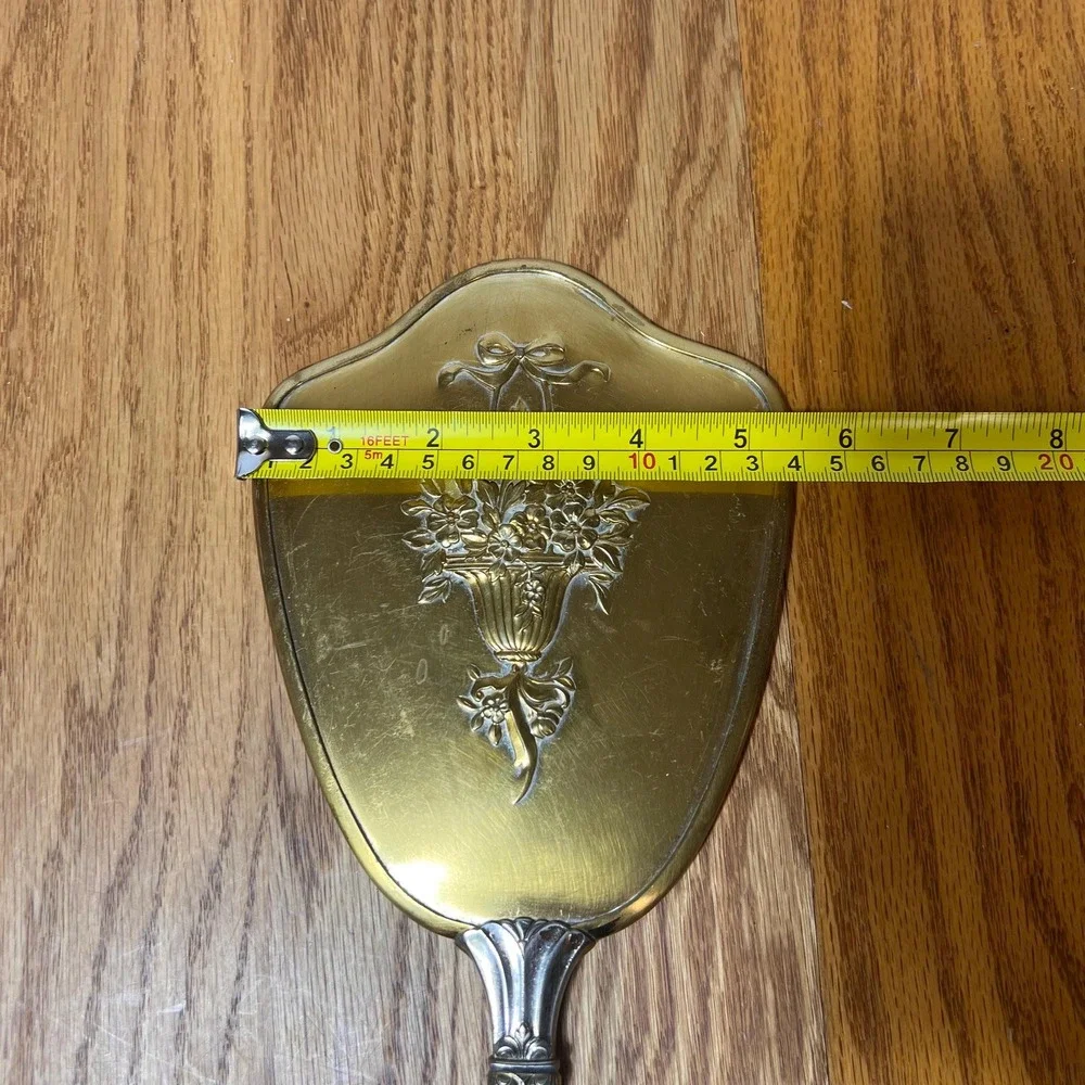 Vintage Hand Mirror Brass Floral Vanity Mirror Ornate Flower Basket Boudoir Dec